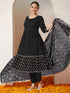 Janasya Women's Black Rayon Gold Printed Anarkali Kurta Set